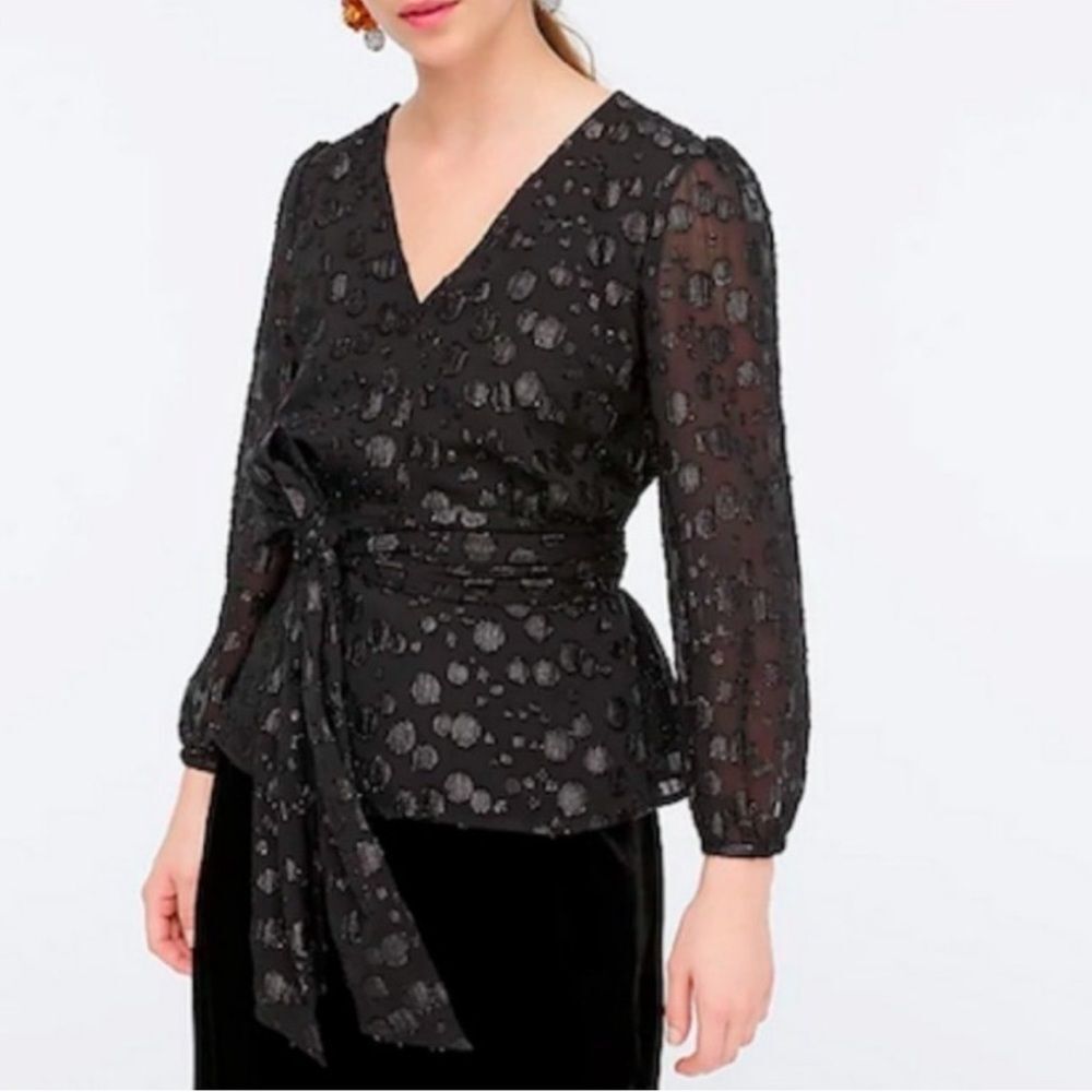 J.Crew Black Label Sheer Bow Blouse Metallic Polka Dot Dressy Top Small